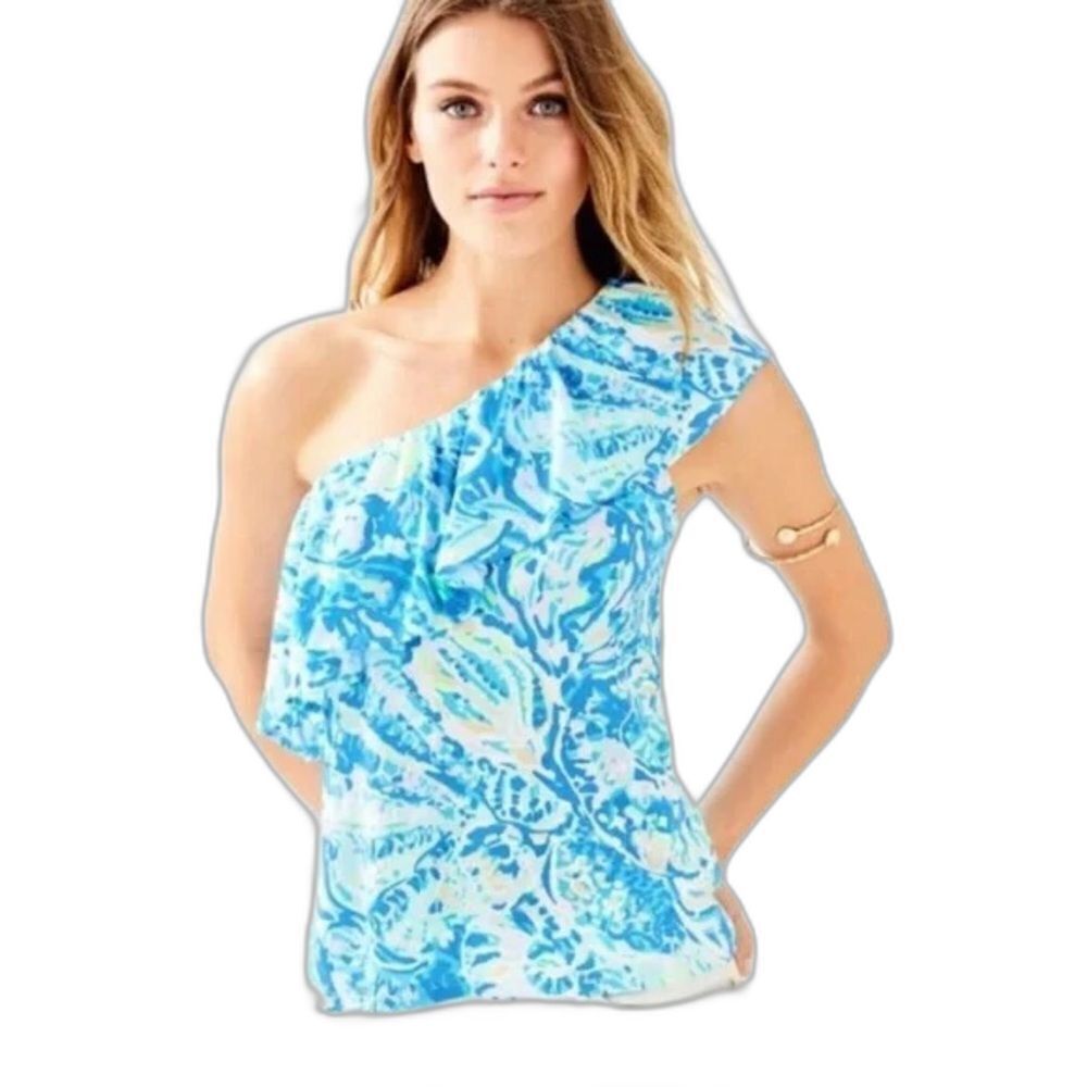 Lilly Pulitzer Matteo Top Size Small One Shoulder Bennet Blue Salty Seas Cotton